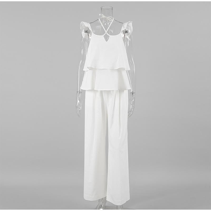Casual White Cotton and Linen Women's Suit Fashion Fly Sleeve Tops Wide-leg Pants Solid Color Two-piece Suits
