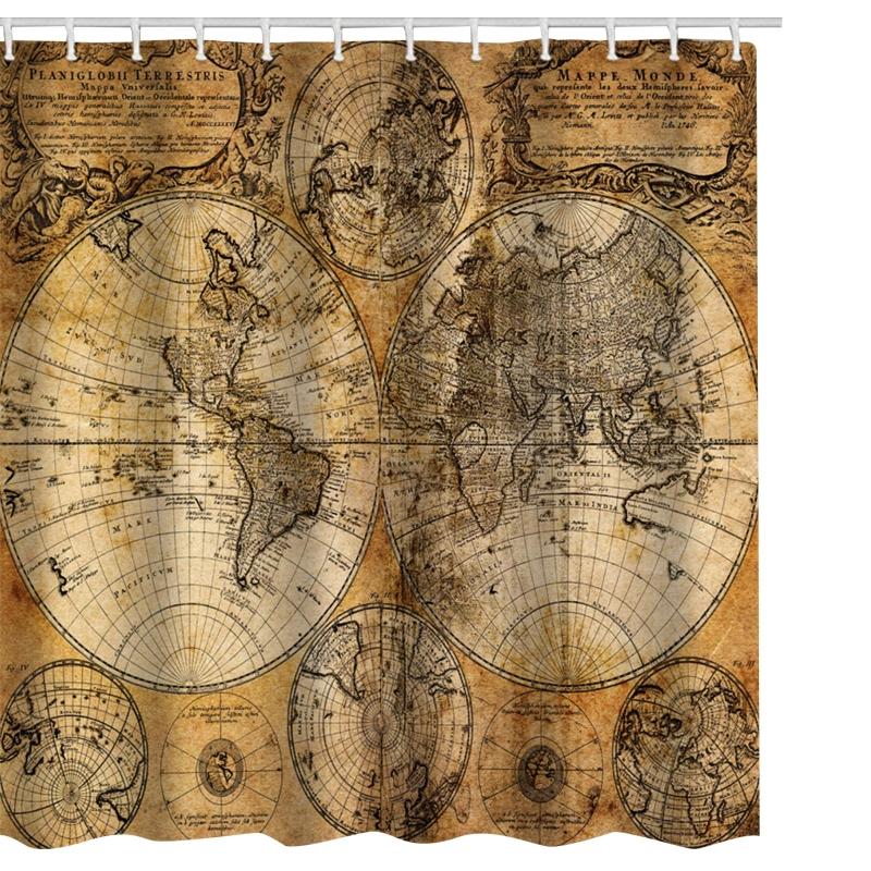 Tende da Doccia Mappa del Mondo con Ganci Stile Vintage Decorazione Accessori Decorazione Bagno Tessuto Poliestere Multicolore