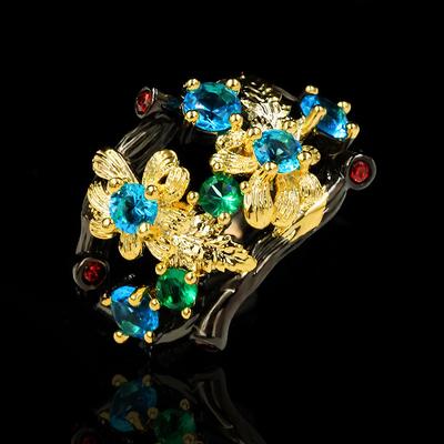 Aliança de Casamento Antiga Vintage Ouro Preto para Mulheres Estilo Ramos de Flores Anel de Prata Safira Presente de Aniversário