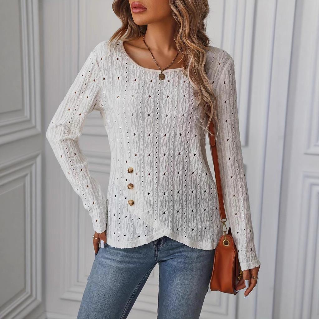 A New Spring Long-sleeved Knitted Solid Color Jacquard Button Top for Fashionable Women