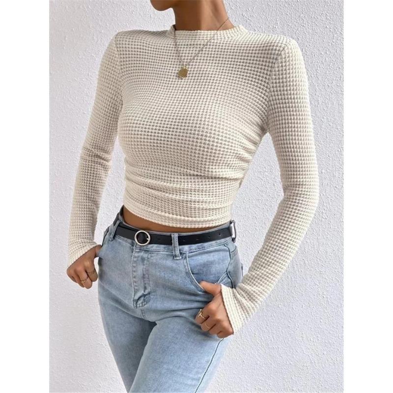 Women S Slim Fit Long Sleeve Round Neck Pleated T Shirt