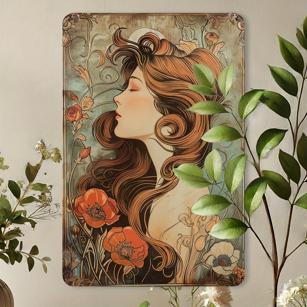 Vintage Long-Haired Lady Metal Tin Sign, Art Nouveau Floral Design, Iron Foil Engraving Wall Decor, Ideal for Garden, Restaurant