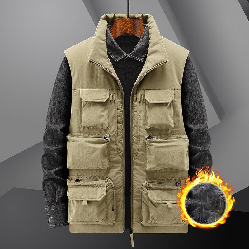 

Осень и Зима Мужская Флисовая Рабочая Безрукавка для Сохранения Тепла Приталенная Ветровка Куртка с Множеством Карманов Мужские Зимние Безрукавки XS хаки