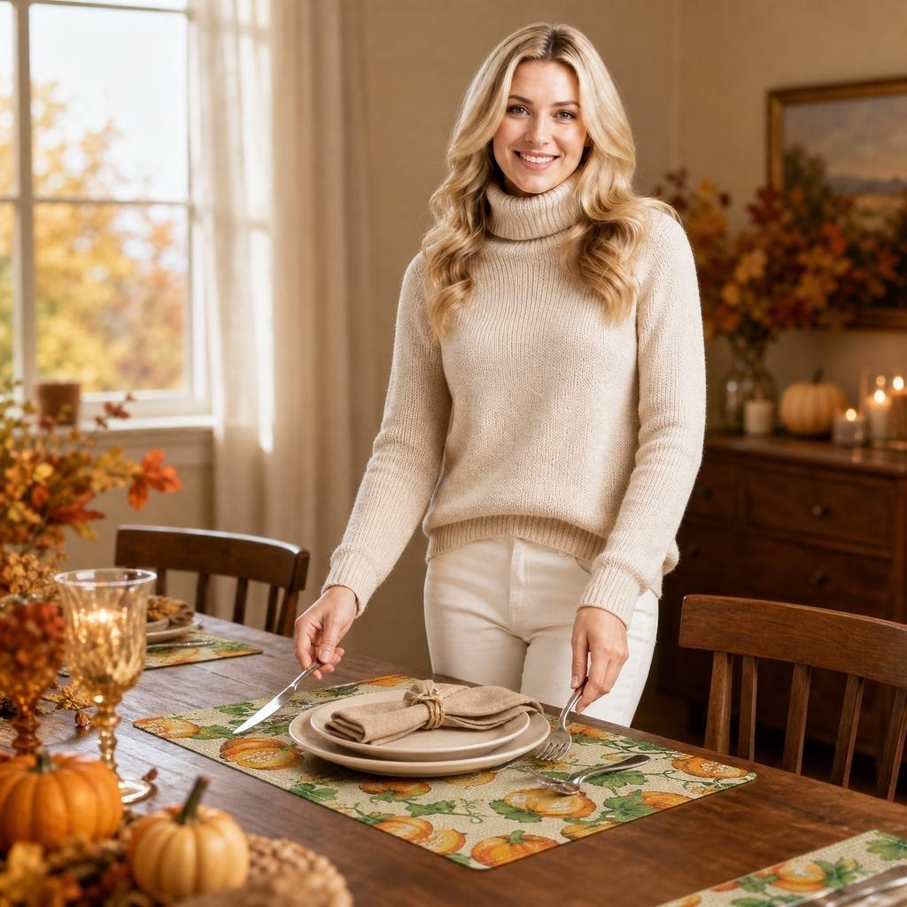 Thanksgiving Holiday Table Placemat Pumpkin and Maple Leaf Pattern Printed Dining Mat 45x30cm for Seasonal Table Decoration