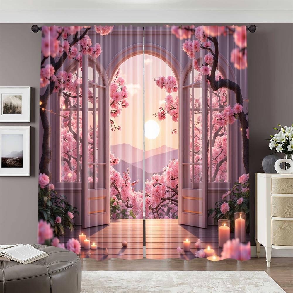 2pcs   spring summer Curtains Spring Flowers Romantic Scenery Prints Light Filtering Curtains Versatile Polyester Fabric Festive