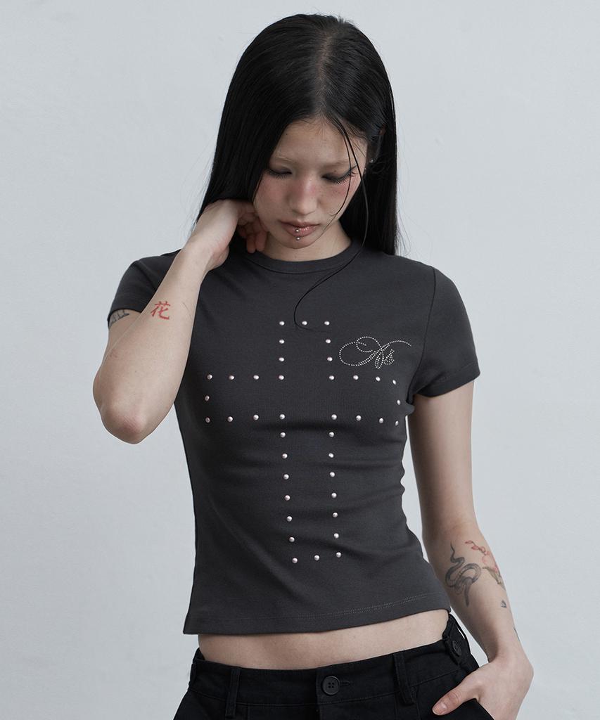 Aejeuyua Cross Hotfix T-Shirt Charcoal