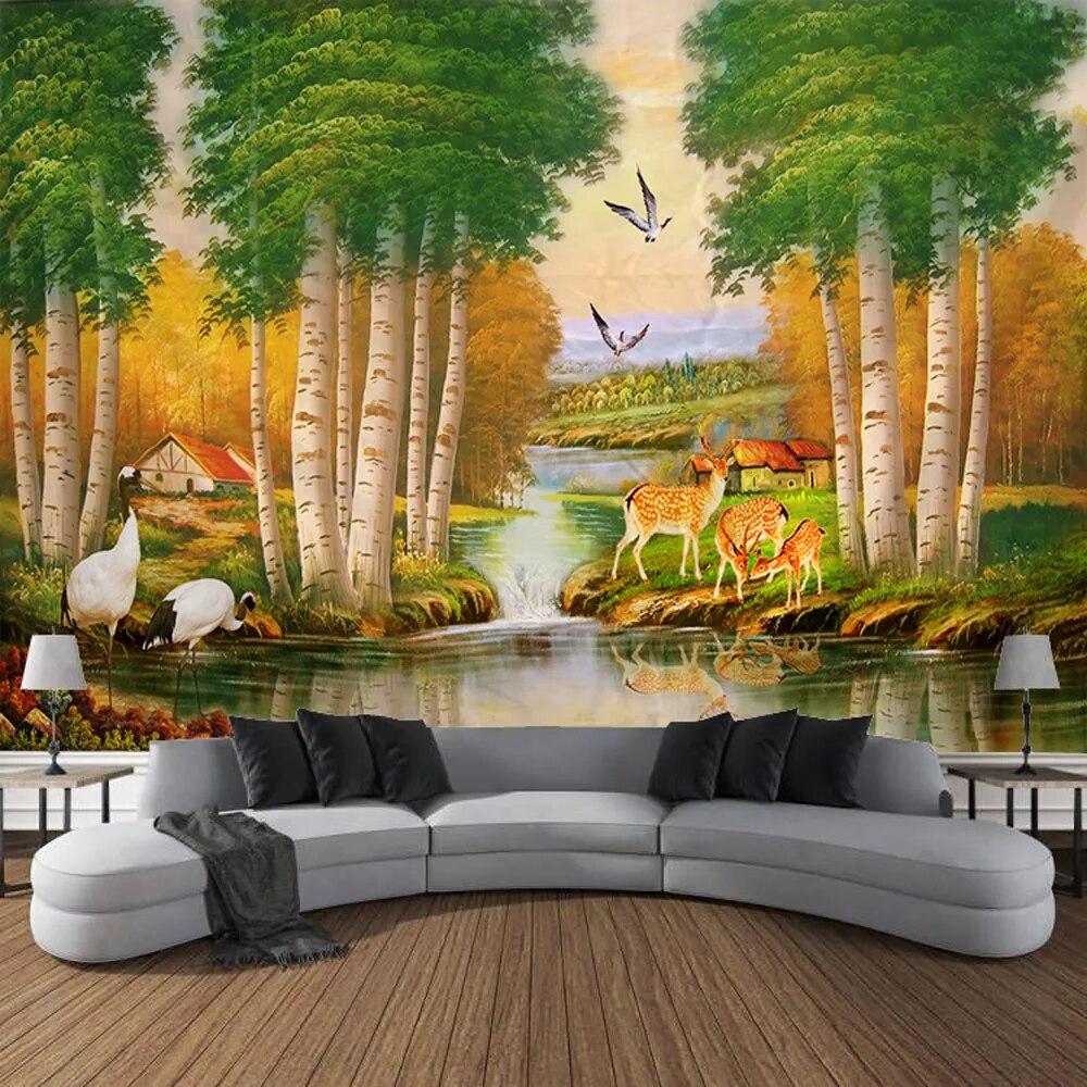 Dream Forest Cabin Oil Painting Wall Art Large Tapestry Mural Decoration Curtain Bedroom Living Room Home Decoration