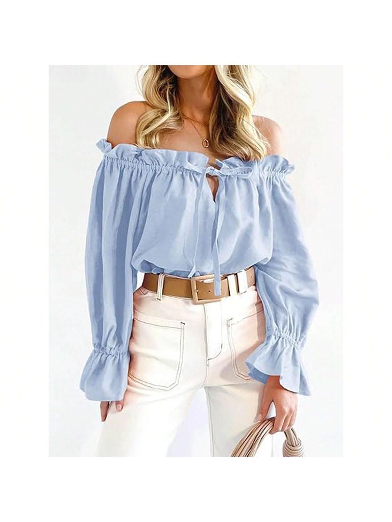 Damen Schulterfrei Bluse Langarm Rüschen Tunika Top Elegant Lässig