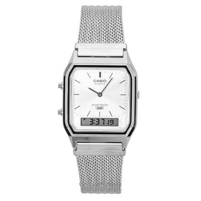 Vintage Analog Digital Stainless Steel Mesh Bracelet Silver Dial Quartz AQ-230EM-7A Unisex Watch
