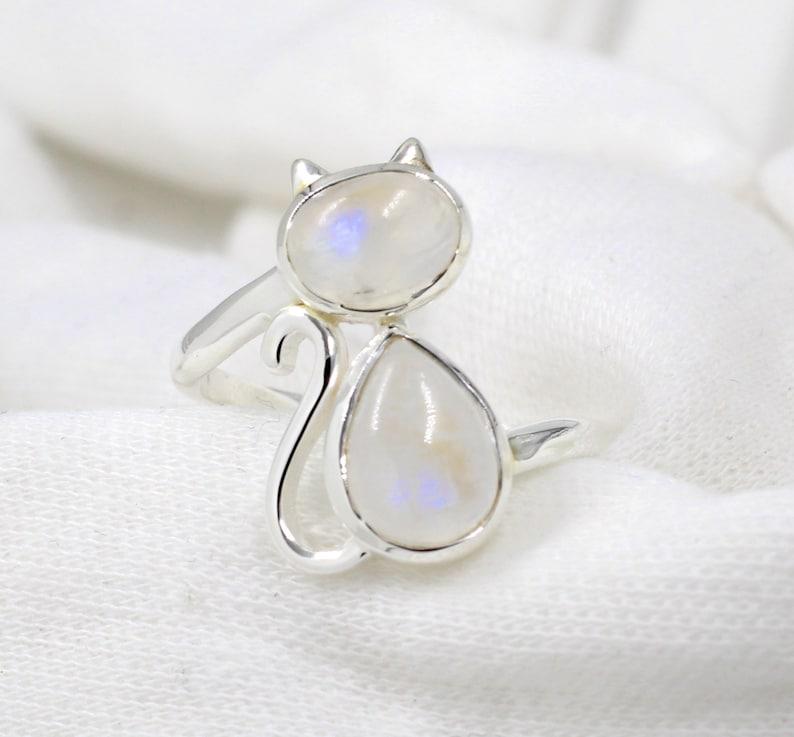 Mondstein-Edelstein-Katzenring, massiver 925er-Sterlingsilberring, Silber-Charm-Schmuck, einzigartiges Geschenk, handgefertigter Schmuck