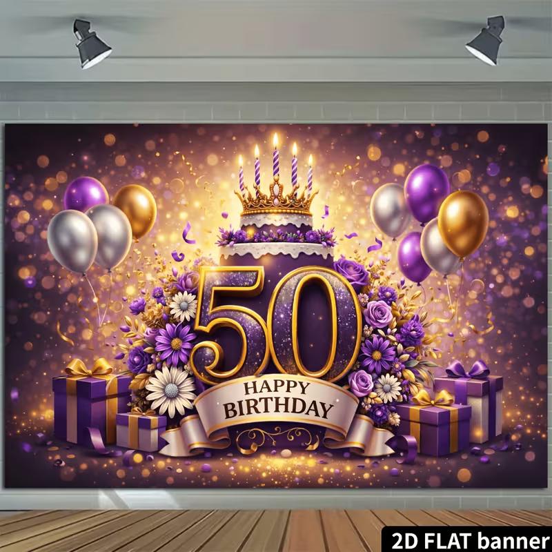 2D Purple Gold 50th Birthday Backdrop, Elegant Crown & Cake Party Background Cloth