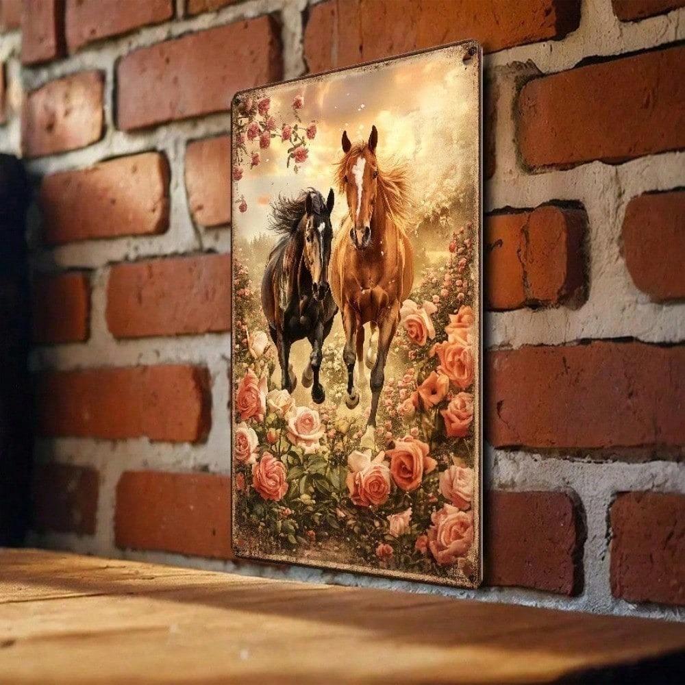 1pc Retro 2D Flat Tin Sign Two Horses in Floral Field 12x8in Vintage Metal Wall Decor for Living Room Kitchen Garden Outdoor