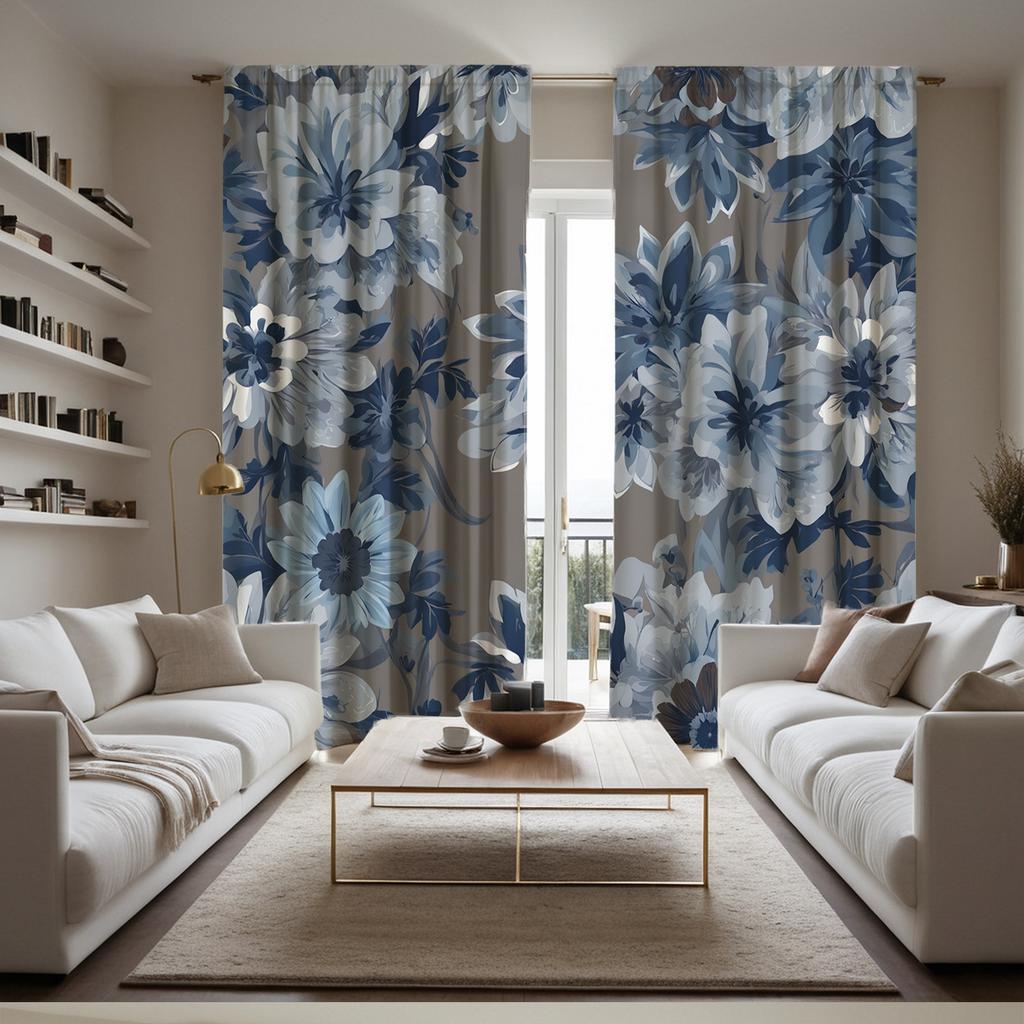 2Pcs Blue & White Floral Print High-Definition Digital Curtains - Double Fan Design, Semi-Transparent, Machine Washable Polyeste