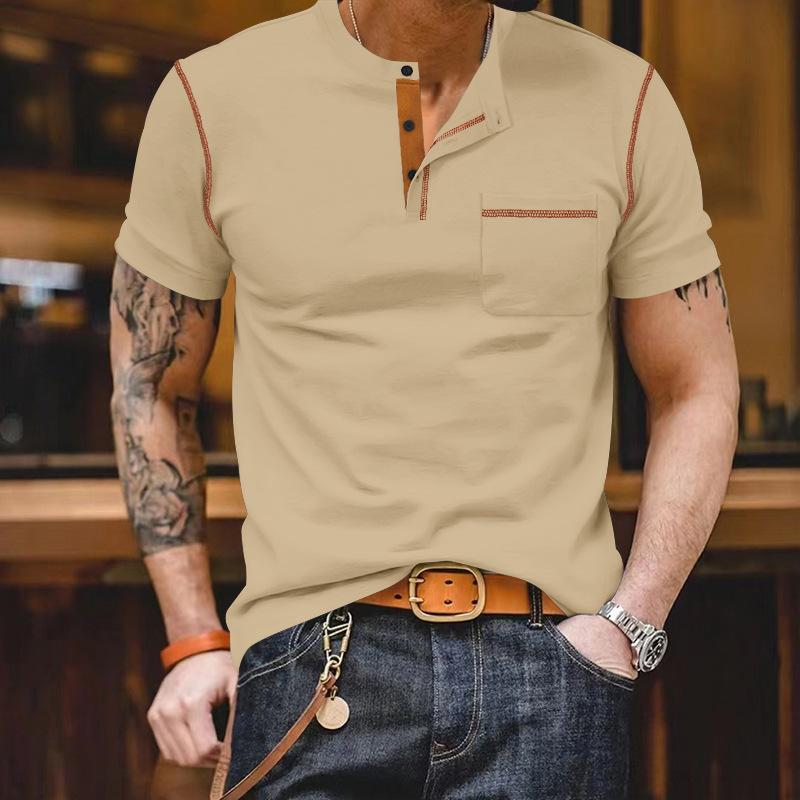 Mens Casual Henry Neck Short Sleeve T Shirt With Pocket S