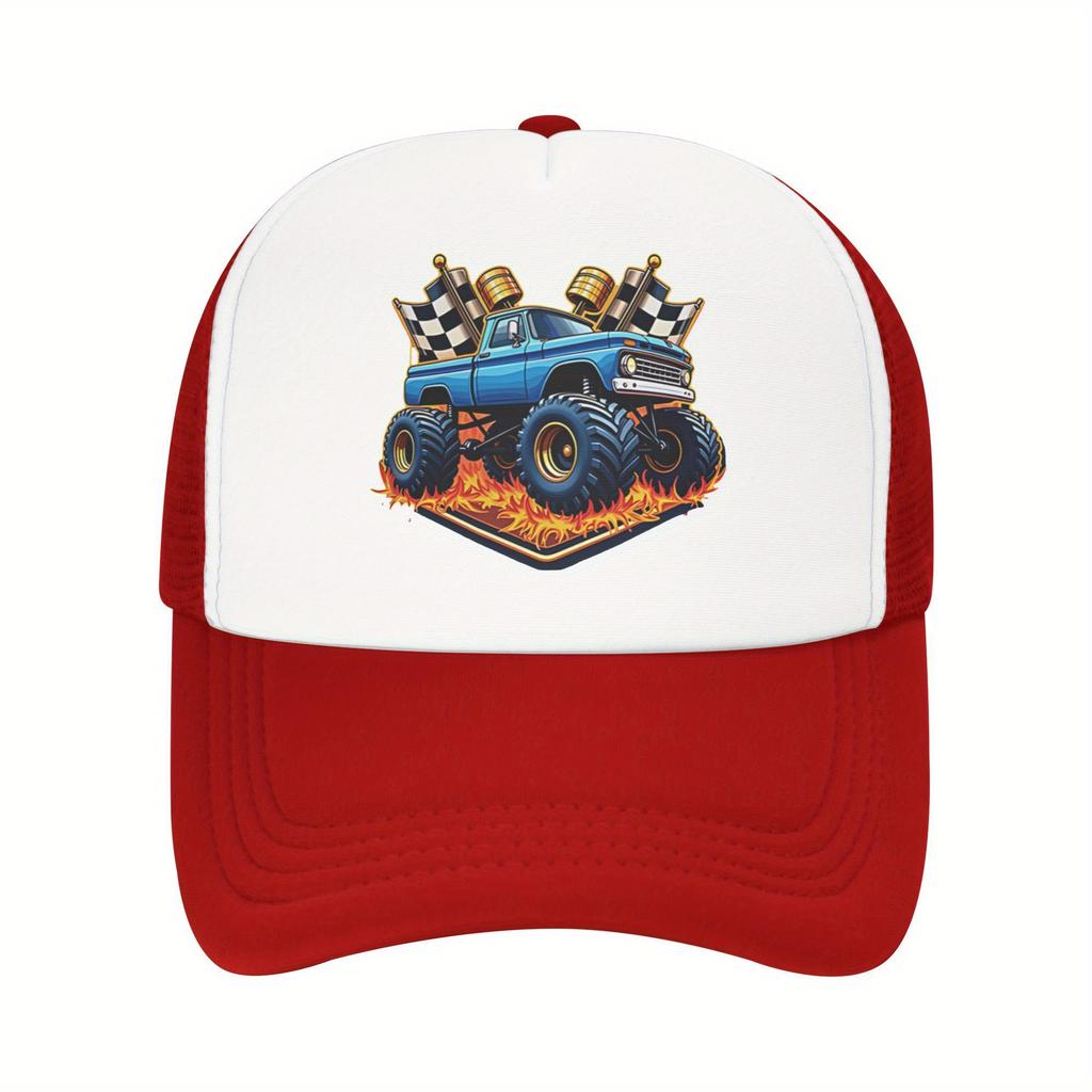 Boné Trucker com Chamas de Monster Truck e Bandeiras Quadriculadas, Tela Respirável, Boné de Basebol para Fãs de Automobilismo