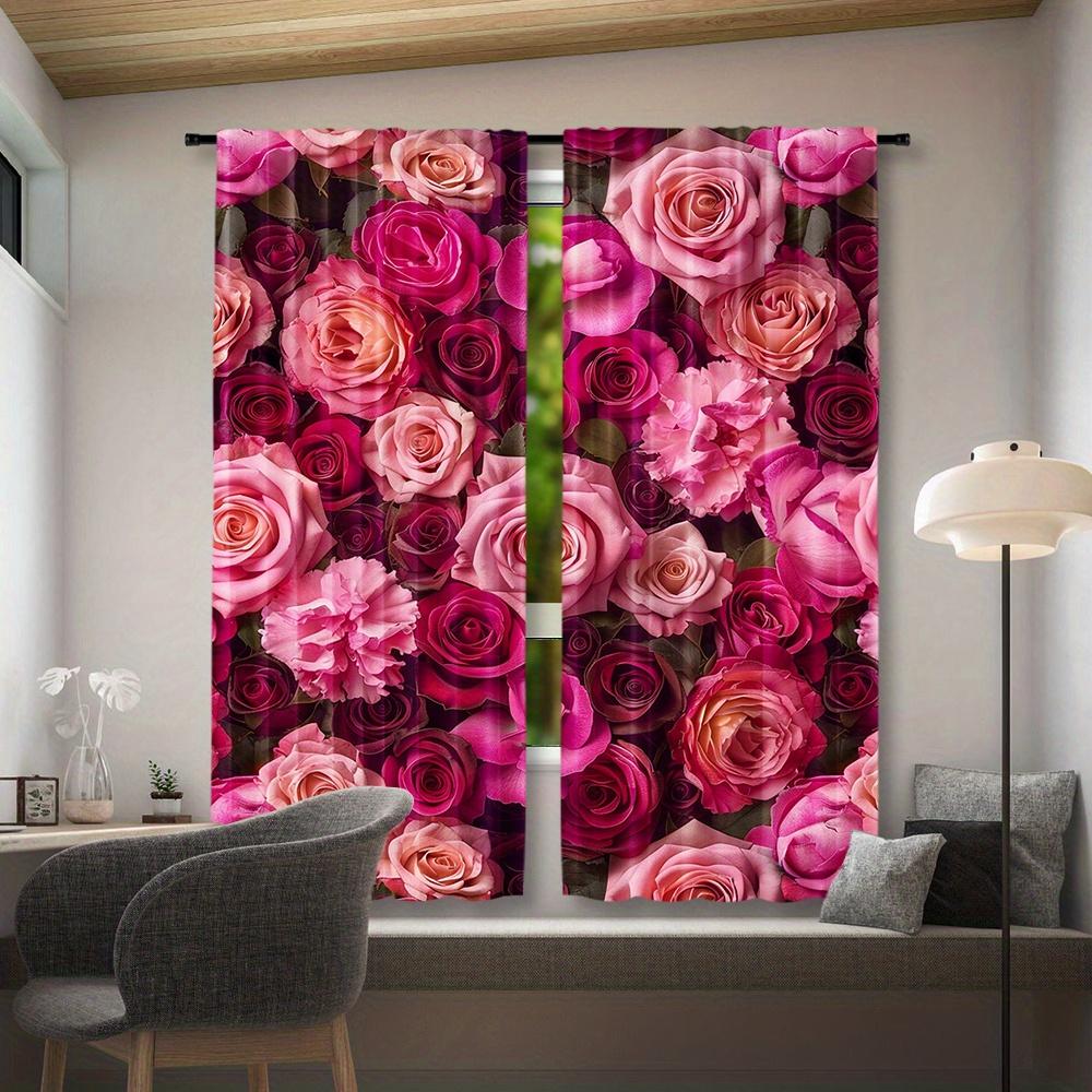 2er Set Rosa & Rote Rosen Transparent Vorhänge - Stangentasche Fensterdekoration für Schlafzimmer & Wohnzimmer, Maschinenwaschbares Polyester Heimdekoration