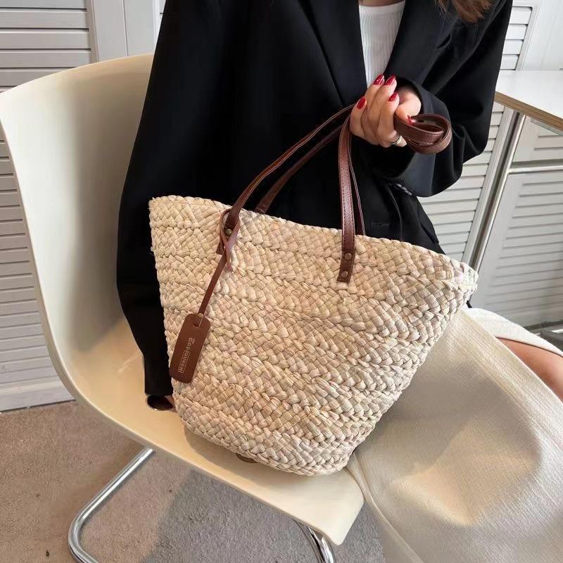 Vintage French Large Corn Husk Woven Tote – Handmade Straw Shoulder Bag for Women