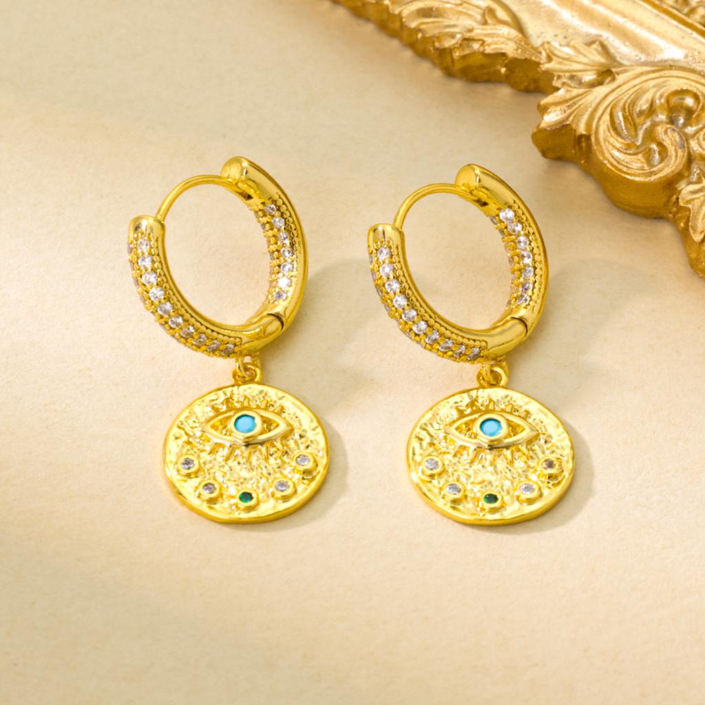 Yaoquan Cross Border New Product Micro Inlaid Zircon Copper Plated 18K Gold Devil's Eye Earrings Niche Light Luxury Buckle
