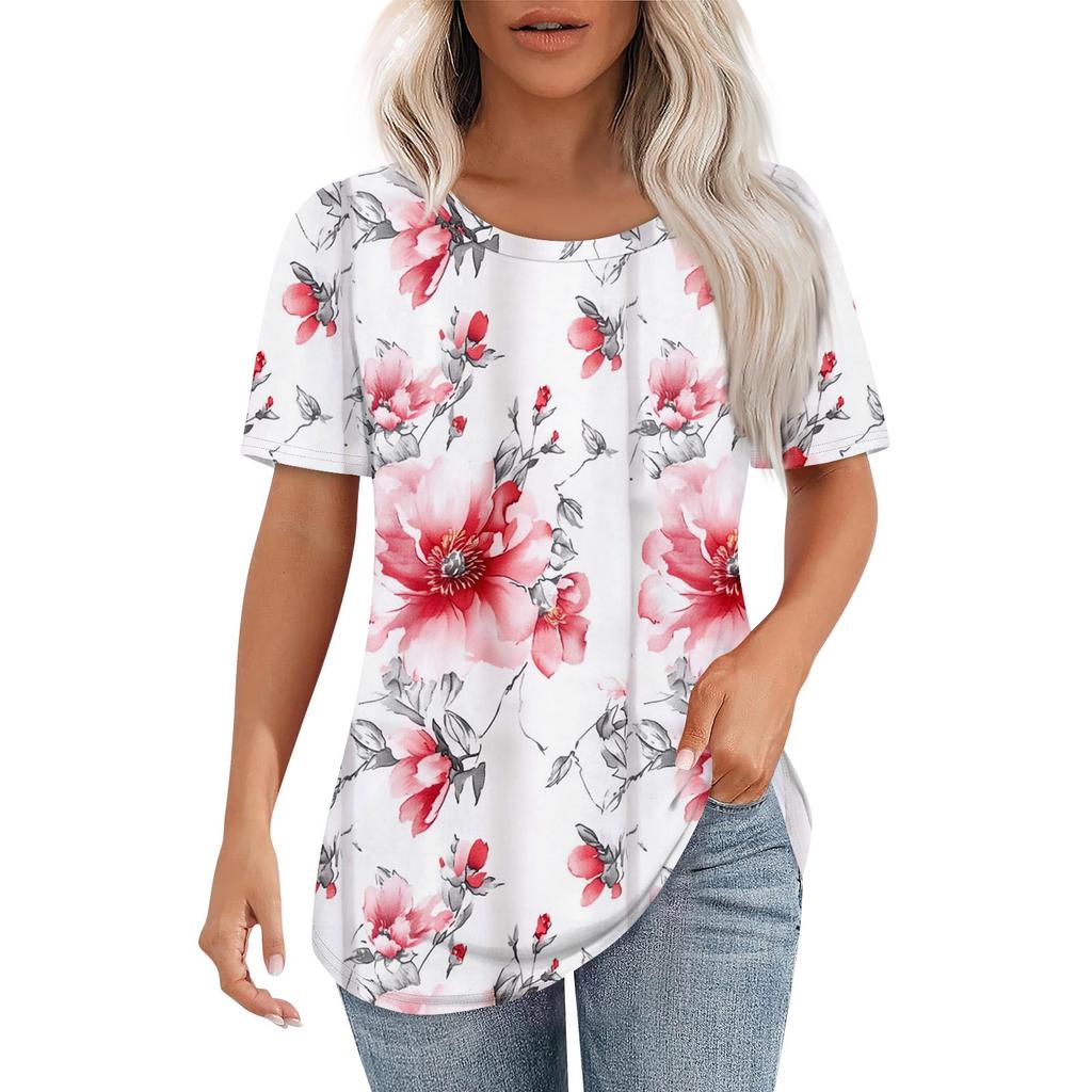 Women's Fashion Casual Floral Print Round Neck Short Sleeve T-Shirt Top