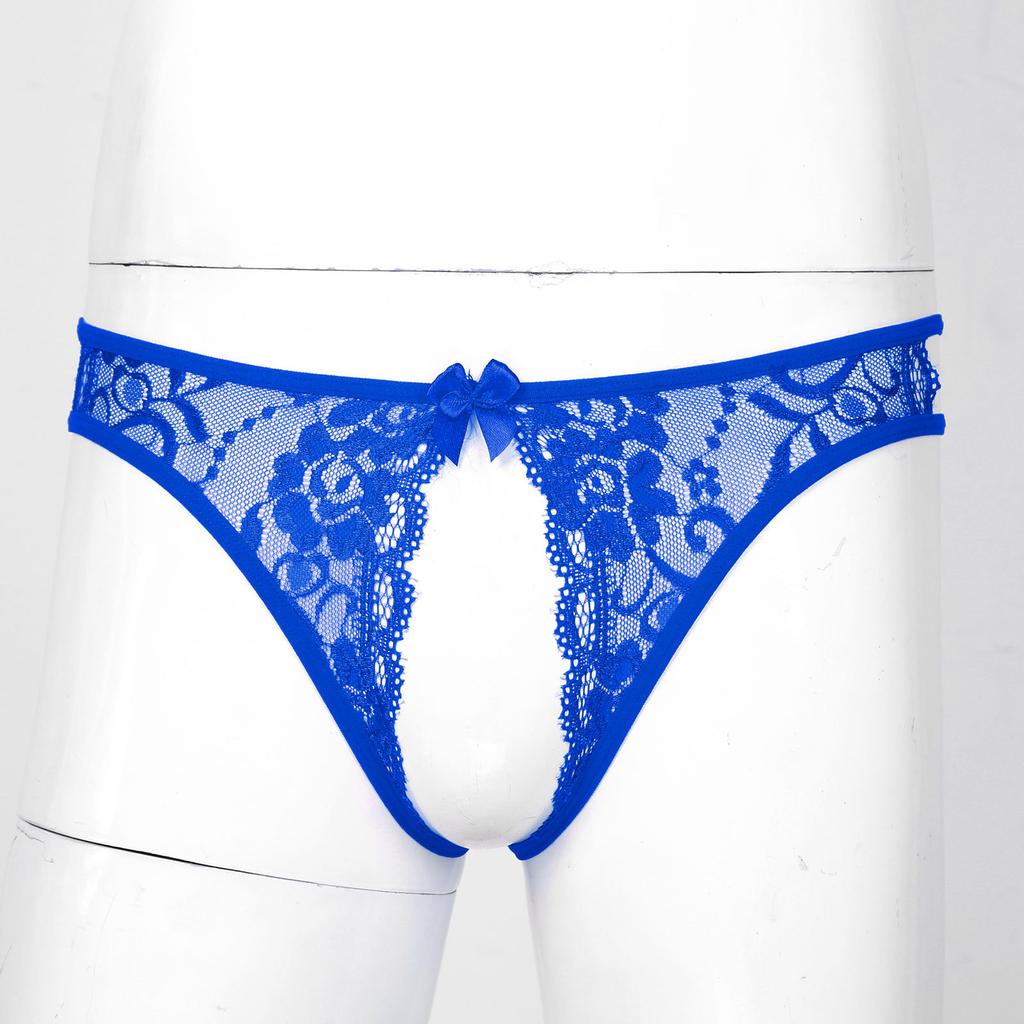 Male Sexy Lingerie Men Floral Lace Crotchless T-back Briefs Hollow Out Thong Briefs Nightwear Sleepwear