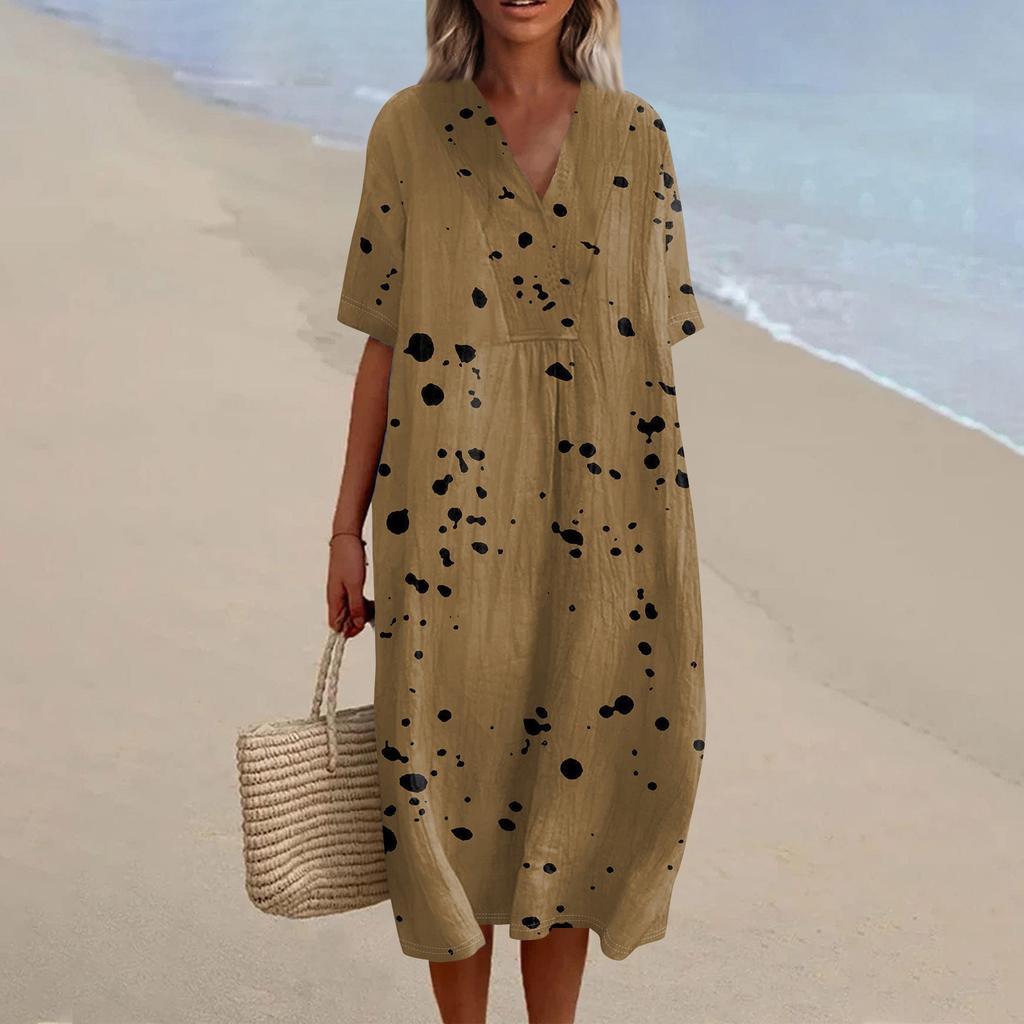 Damska luźna codzienna sukienka modowa z nadrukiem z dekoltem w serek spódnica plażowa