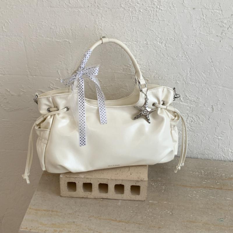 

Brand Bow Lace Tote Bag Women Large Capacity Star Charm Handbag Soft Leather Drawstring Shoulder Bag Korean Commut Bucket Bag белый
