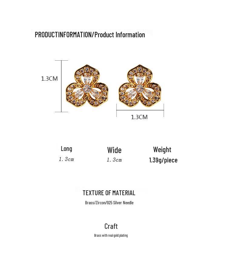 Four-Leaf Clover Zircon Stud Earrings - Versatile Japanese & Korean Style, Socialite Fashion, Hollow Flower Design, Silver Needle