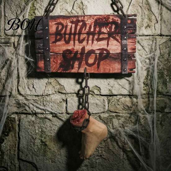 Dark Slaughter Theme Props Halloween Butcher Shop Sign, Horror Broken Leg Decoration Hanging Creepy Doorway Sign Wall Pendant for Haunted House Party