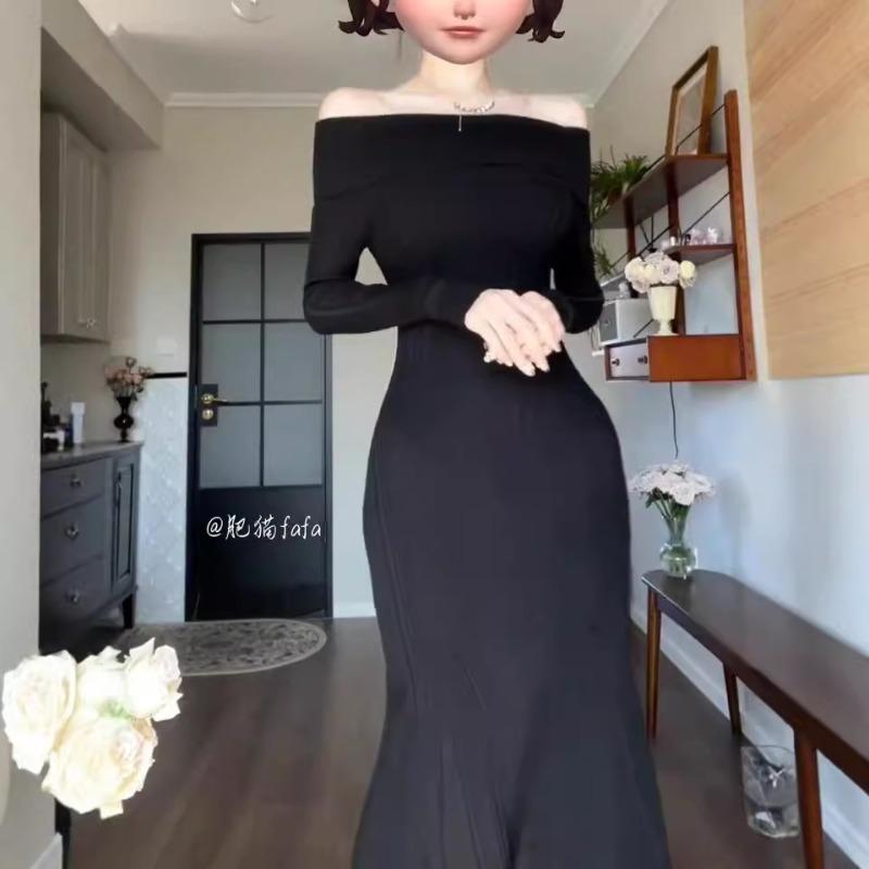 Elegant and high-end one-word shoulder-wrapped buttocks fishtail knitted skirt, slim and thin temperament, gentle inner dress