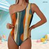 Women Plus Size One Shoulder Asymmetric Neck Abstract Printed One Piece Swimsuit