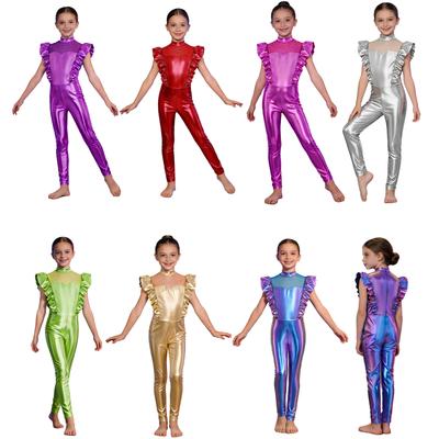 Mädchen Metallischer Glanz Alien Cosplay Overall Rüschen Flatterärmel Patchwork Rücken Unsichtbarer Reißverschluss Body