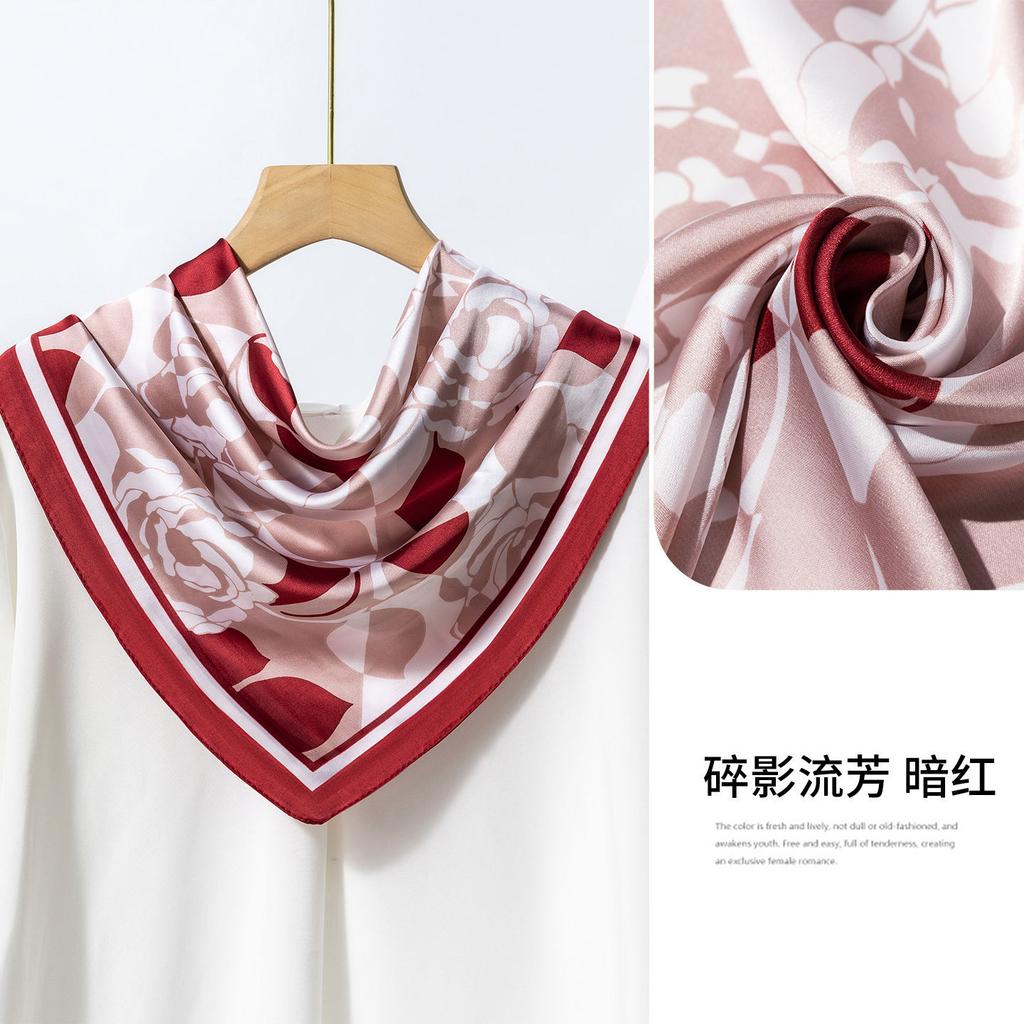 Elegant Purple Flower-Printed Silk Scarf Women Satin Neckerchief Versatile Headwear Bag Clothing And Accessories Square Scarf