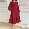 VONDA Elegant Women Casual  Round Neck Long Sleeve Front Pleated Long Swing Dress