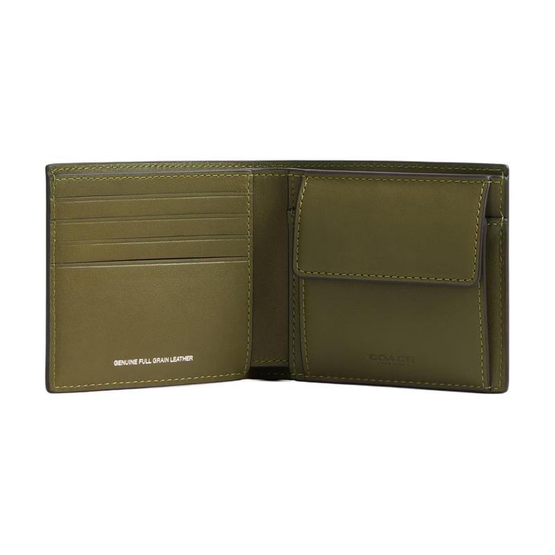 Coach 10 Brand Logo Classic Cowhide Wallet Men's Green Green