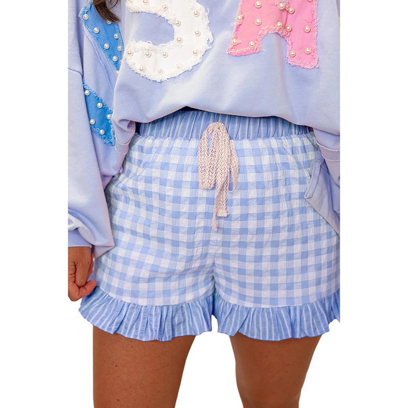 Women s High Rise Drawstring Waist Shorts Gingham Print Ruffle Hem Casual Short Bottoms S