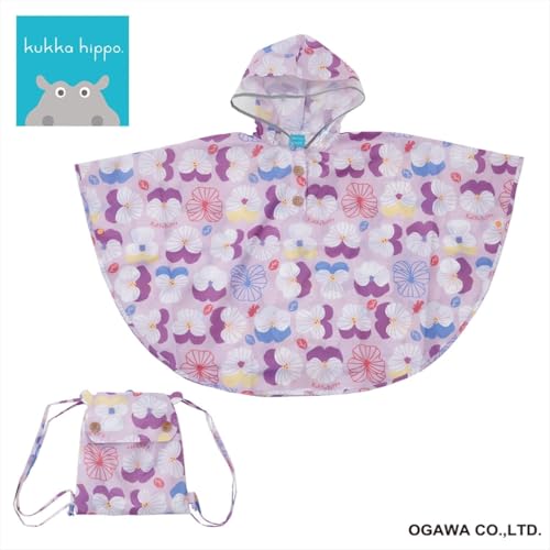 Ogawa Kids' Rain Poncho, 90cm, Kukka Hippo, Violet, with Reflective Tape, Hippopotamus-Shaped Backpack with Storage Bag, 83363