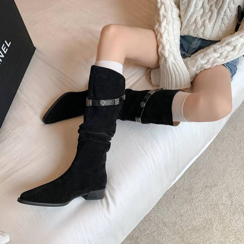 Autumn and winter women's leather boots sleeve medium heel large size women's boots new versatile Martin boots genuine leather cow suede high boots