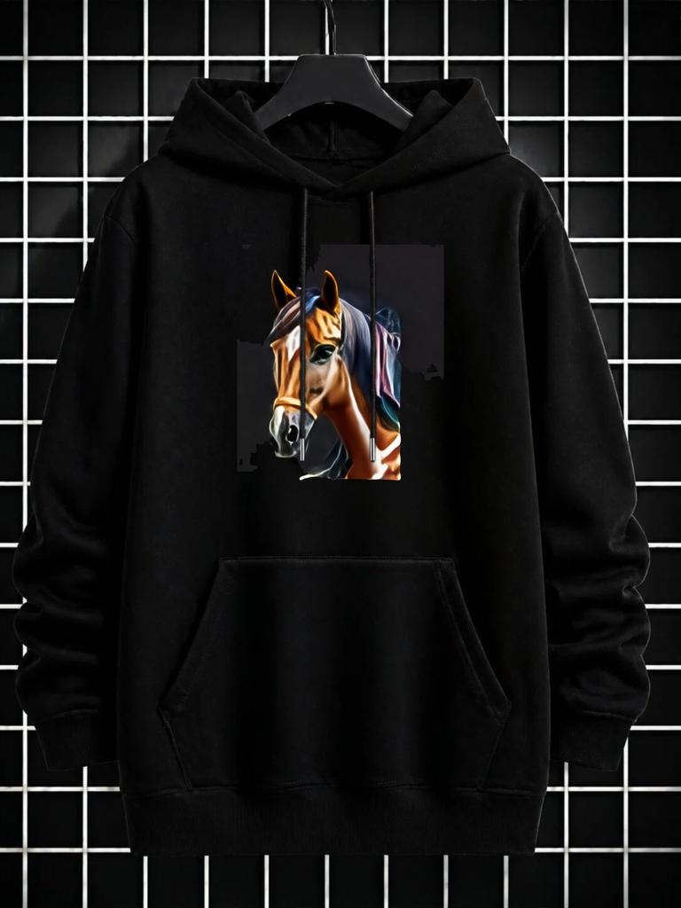 unisex Hoodie, Casual Daily Wear, Horse Head Graphic Print, Pullover Sweatshirt, Streetwear Style, Autumn Winter Season, Front Kangaroo Pocket with Dr