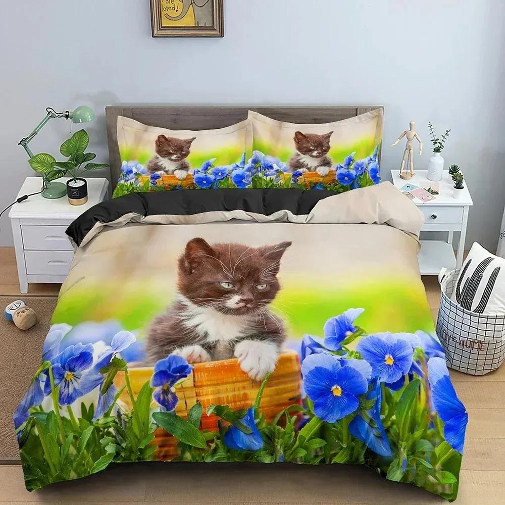 3D Animal Bedding Set Cute Cat Printed Duvet Cover Set Twin Double Full Queen King Size Comforter Cover With Pillowcase