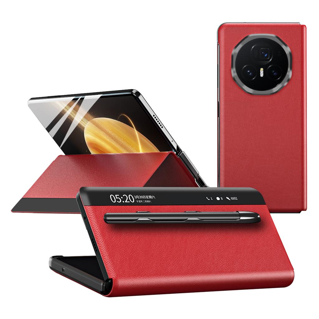 För Honor Magic V3 5G Fodral Visningsfönster PU Läder Telefonskal med Pekpenna