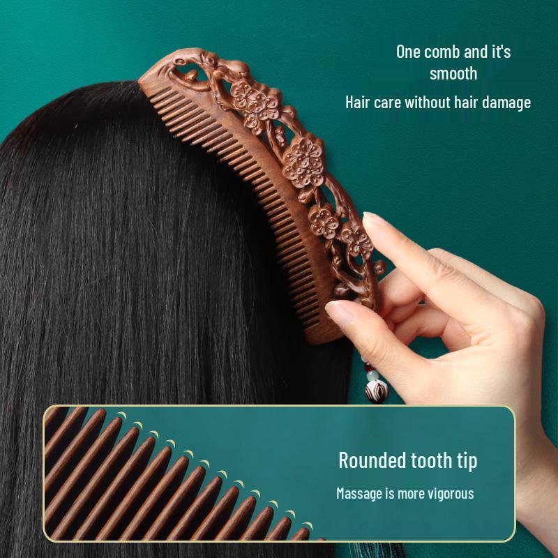 Engraved Green Sandalwood Comb - Black Gold Carved Design, Gift Box Included