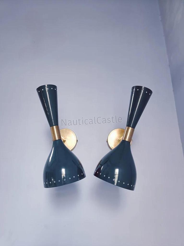 Blue Brass Wall Sconce Pair: Mid Century Italian Diabolo Light