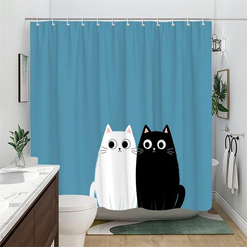 1pc Minimalist double cat pattern shower curtain, polyester fabric, machine washable, suitable for bathroom decor.