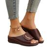 New European and American large-size casual round head composite buckle PU leather one-character wedge slippers women