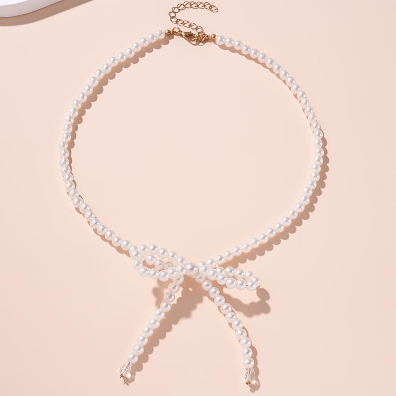 Fashion Handmade White Pearl Bowknot Pendant Necklace for Women Elegant Bow Beads Chain Choker Aesthetic Jewelry Gift