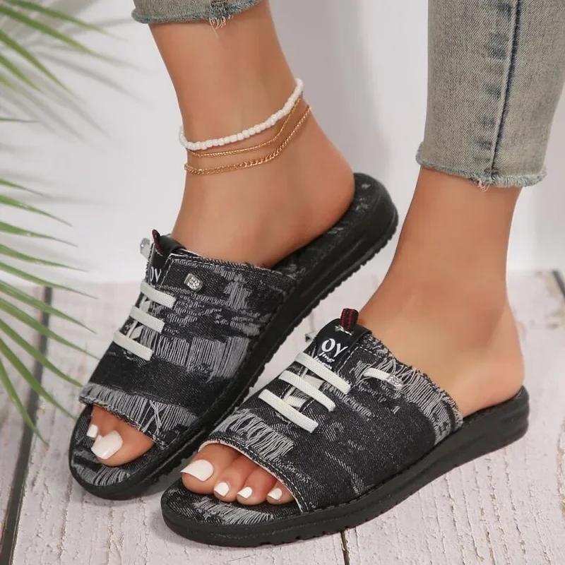 Новые парусиновые тапочки для женщин летние дышащие сандалии с открытым носком женские джинсовые удобные туфли на плоской подошве Zapatos Mujer размер 43 36 чёрный 2464₽