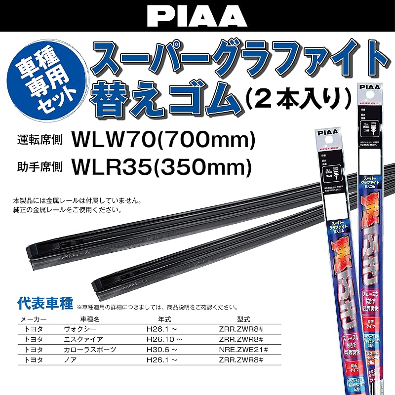 PIAA Wiper Blade Replacement Rubber Set [Super Graphite] Natural Rubber, 2-Pack, for Toyota Noah, Voxy, Esquire, Corolla Sport, etc. AMRRG008