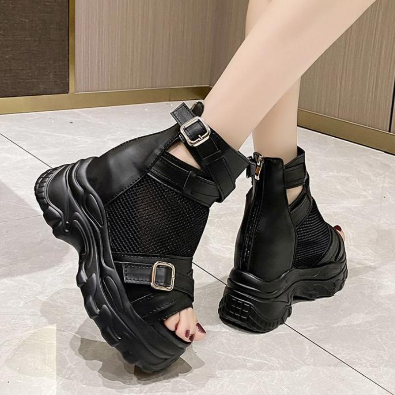 Dámské sandály Dámské módní černé sandály prodyšné síťované 6cm podpatky boty na platformě s přezkou sandály Dámské sandály na zip