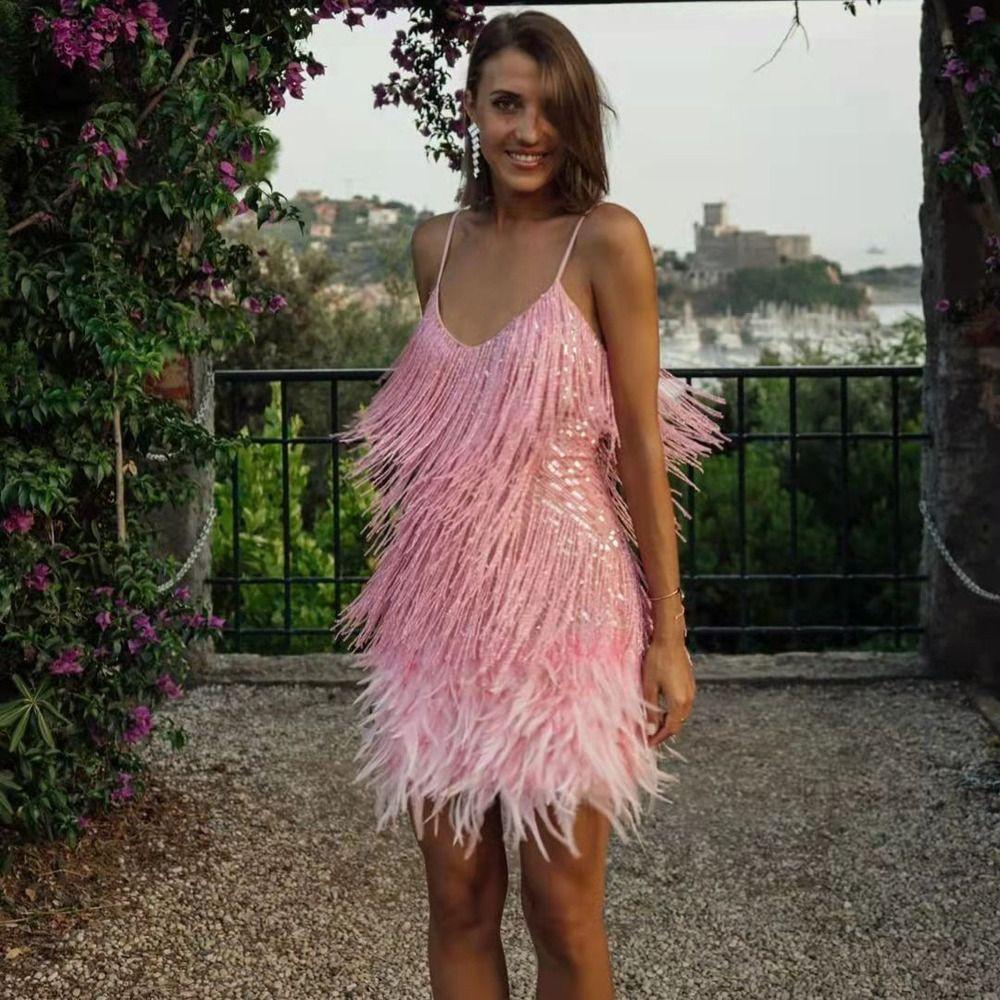 

Sparkling Beaded Tassel Sequined Mini Dress Korean Style Sleeveless Slip Skirt Daily xl зелёный