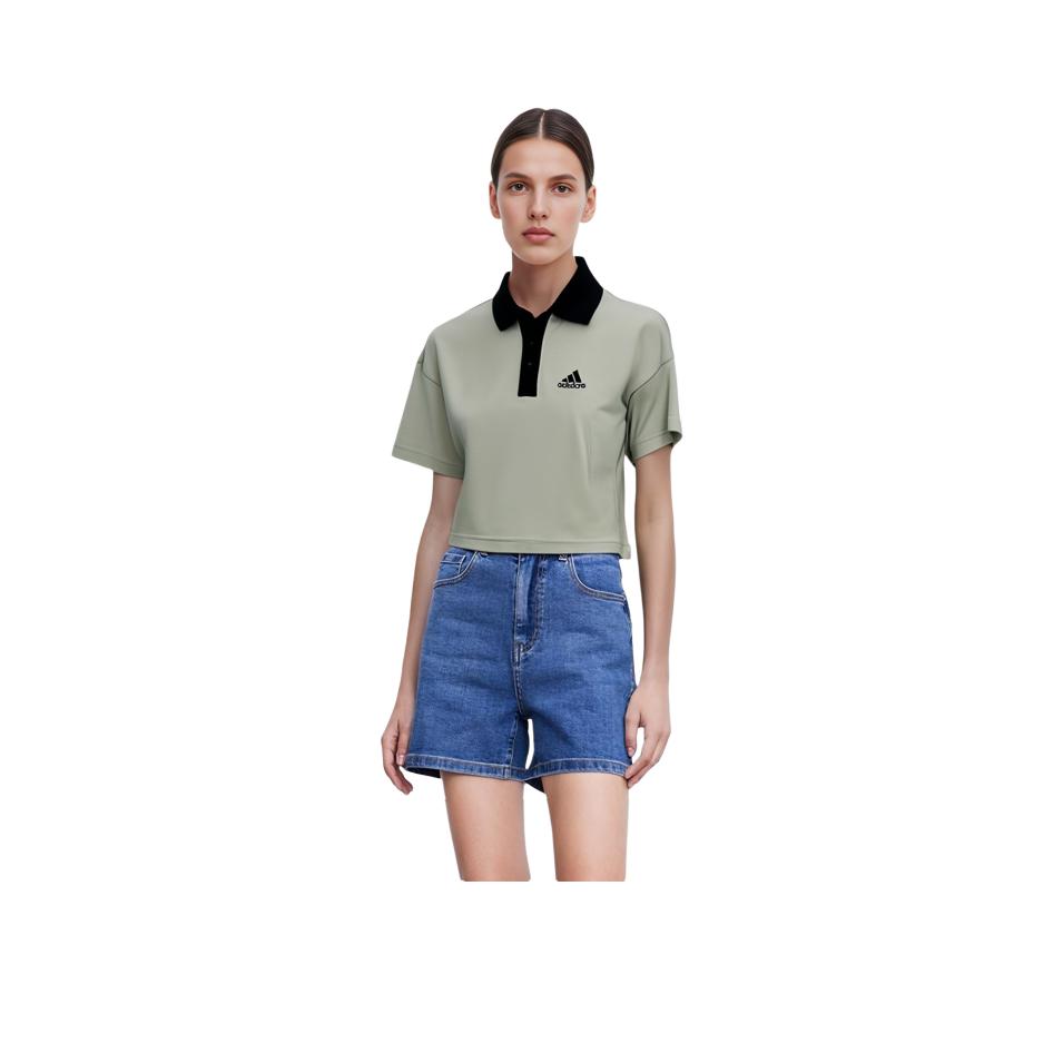 Adidas Womens Cropped Polo Solid Logo Print Sports Short Sleeve Polo Shirt Women Polo Shirts Linen-Green HY5527
